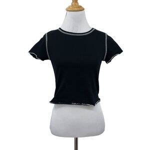 Moa Moa Lettuce Hem Shirt Girls L Black White Stitch Cotton Crew Short Sleeve